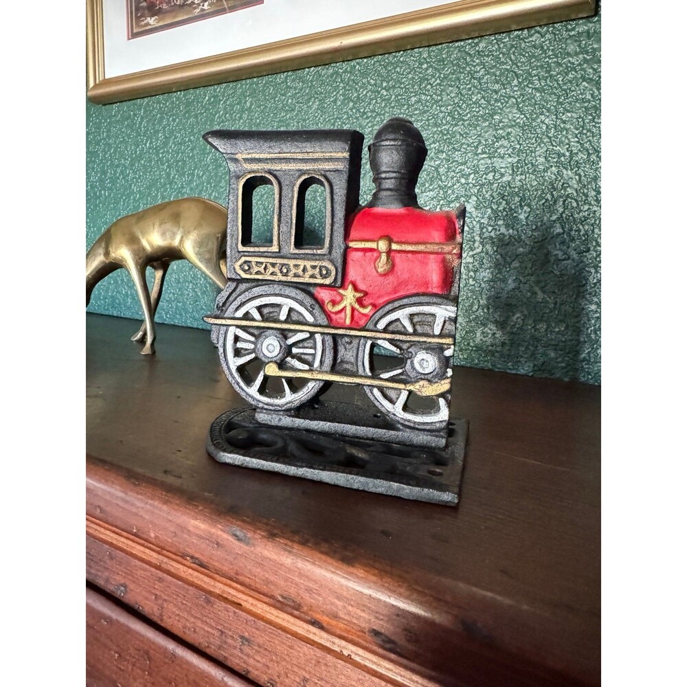 Cast Iron Train Locomotive Doorstop, bookend, Red & Black,